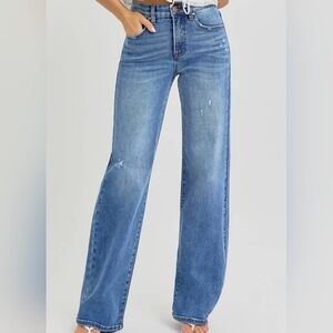 RISEN Full Size Tummy Control Elastic Band High Rise Wide Jeans Plus Size